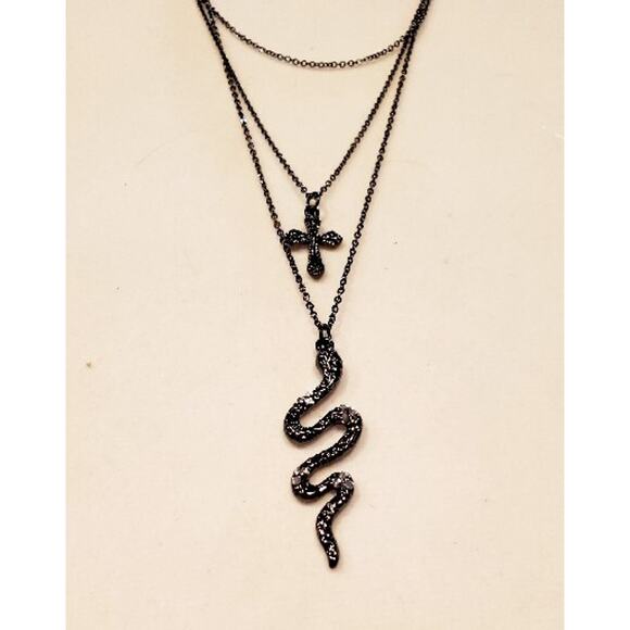 Unique Triple Strand Rhinestone Snake And Cross Pendant Necklace Black Crystal - Picture 1 of 6